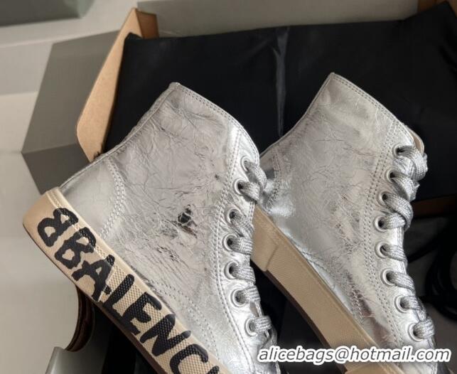 Good Looking Balenciaga Paris Silver Calfskin High-Top Sneakers with Graffiti 531124