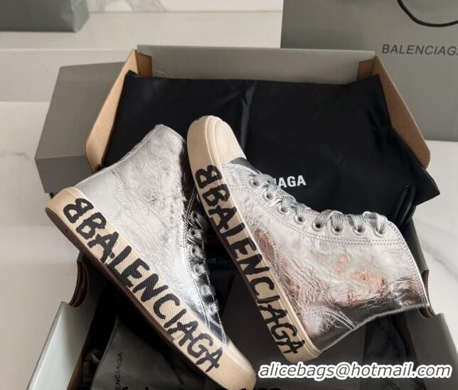 Good Looking Balenciaga Paris Silver Calfskin High-Top Sneakers with Graffiti 531124