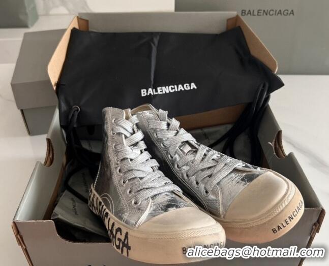 Good Looking Balenciaga Paris Silver Calfskin High-Top Sneakers with Graffiti 531124