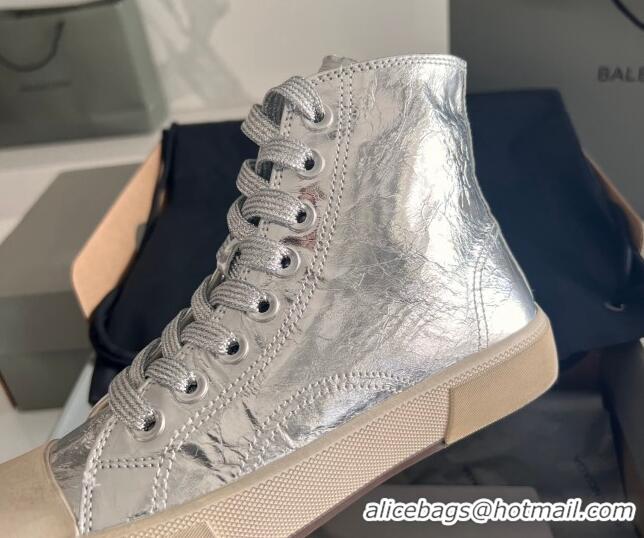 Pretty Style Balenciaga Paris Silver Calfskin Leather High-Top Sneakers 531126