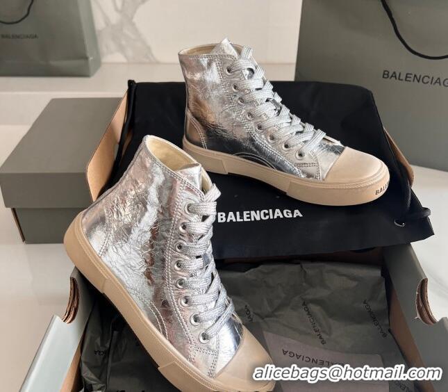 Pretty Style Balenciaga Paris Silver Calfskin Leather High-Top Sneakers 531126