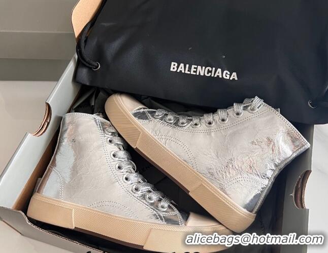 Pretty Style Balenciaga Paris Silver Calfskin Leather High-Top Sneakers 531126