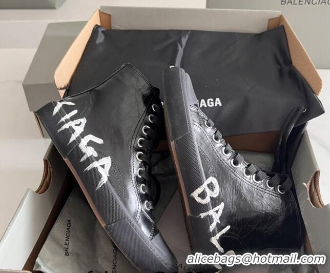 Good Quality Balenciaga Paris Black Calfskin High-Top Sneakers with Graffiti 531127