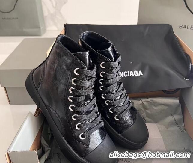 Stylish Balenciaga Paris Black Calfskin Leather High-Top Sneakers 531129