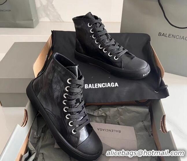 Stylish Balenciaga Paris Black Calfskin Leather High-Top Sneakers 531129