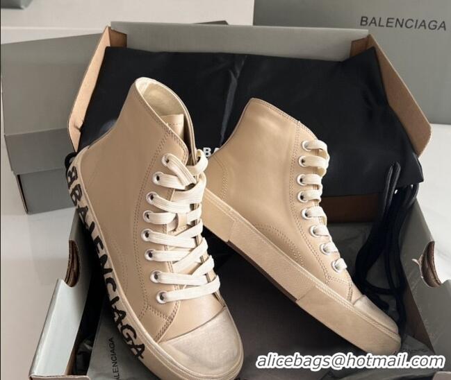 Sumptuous Balenciaga Paris Beige Calfskin High-Top Sneakers with Graffiti 531131