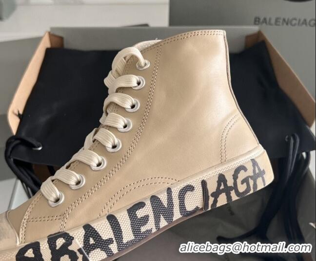 Sumptuous Balenciaga Paris Beige Calfskin High-Top Sneakers with Graffiti 531131