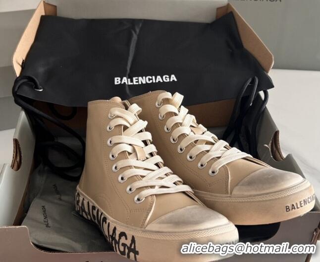 Sumptuous Balenciaga Paris Beige Calfskin High-Top Sneakers with Graffiti 531131