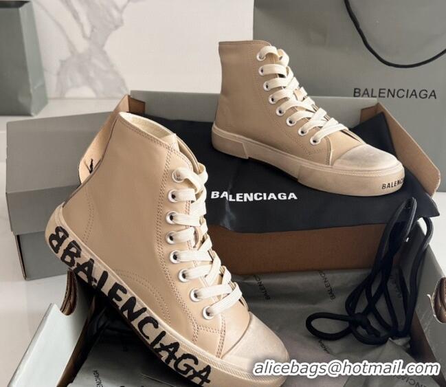 Sumptuous Balenciaga Paris Beige Calfskin High-Top Sneakers with Graffiti 531131