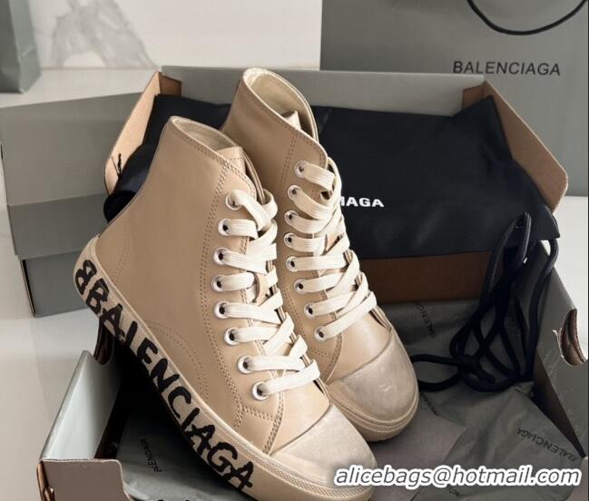 Sumptuous Balenciaga Paris Beige Calfskin High-Top Sneakers with Graffiti 531131