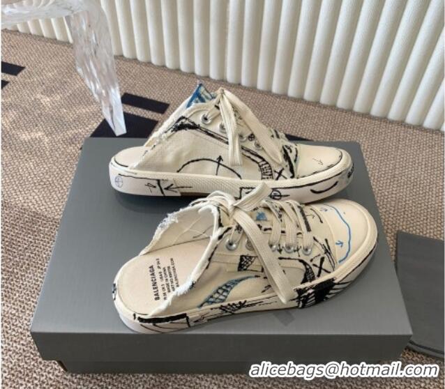 Good Looking Balenciaga Paris Sneaker Mules in White Graffiti Canvas 903030