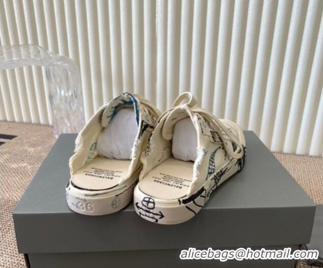 Good Looking Balenciaga Paris Sneaker Mules in White Graffiti Canvas 903030