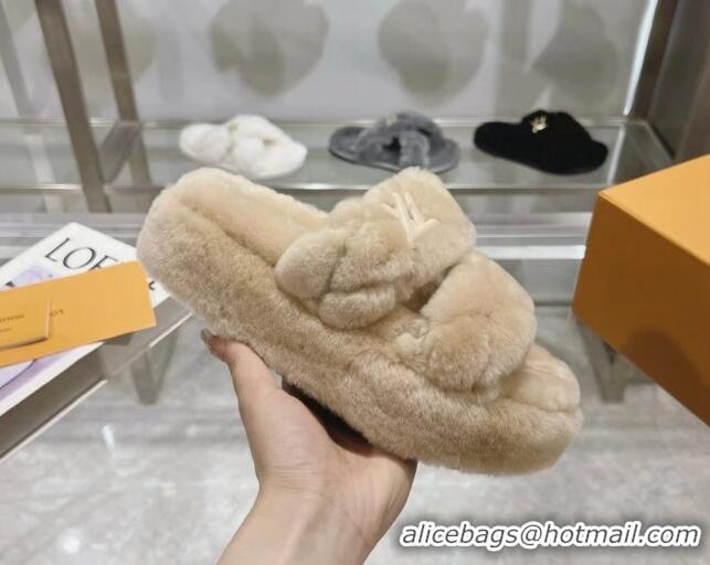 Shop Duplicate Louis Vuitton LV Sunset Platform Comfort Slides Sandal 3.5cm in Wool Beige 724073