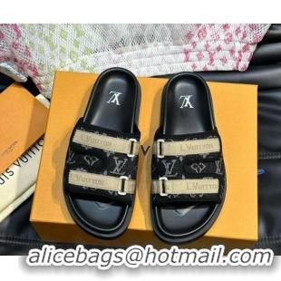 Good Looking Louis Vuitton Men's Monogram Denim Slides Sandal with Strap Black 724082