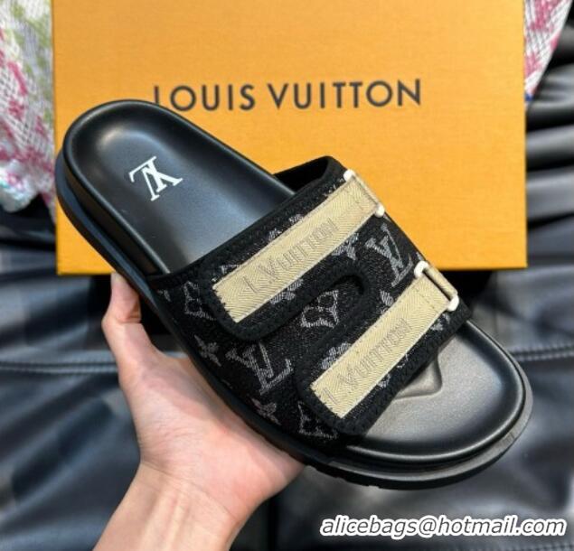 Good Looking Louis Vuitton Men's Monogram Denim Slides Sandal with Strap Black 724082