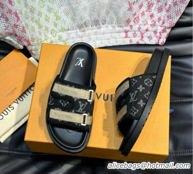 Good Looking Louis Vuitton Men's Monogram Denim Slides Sandal with Strap Black 724082