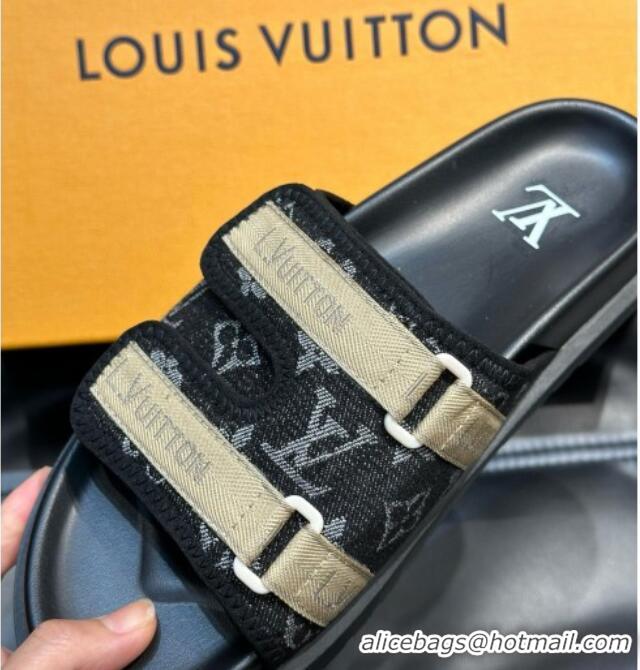 Good Looking Louis Vuitton Men's Monogram Denim Slides Sandal with Strap Black 724082