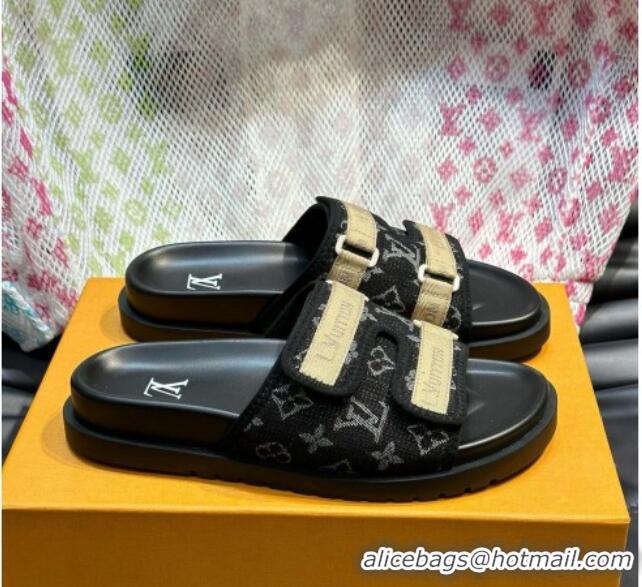 Good Looking Louis Vuitton Men's Monogram Denim Slides Sandal with Strap Black 724082