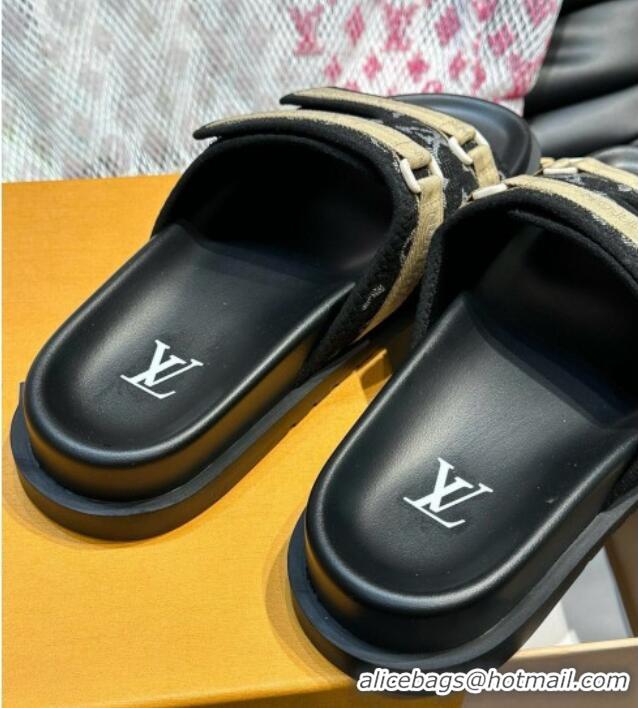 Good Looking Louis Vuitton Men's Monogram Denim Slides Sandal with Strap Black 724082