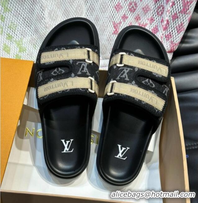 Good Looking Louis Vuitton Men's Monogram Denim Slides Sandal with Strap Black 724082