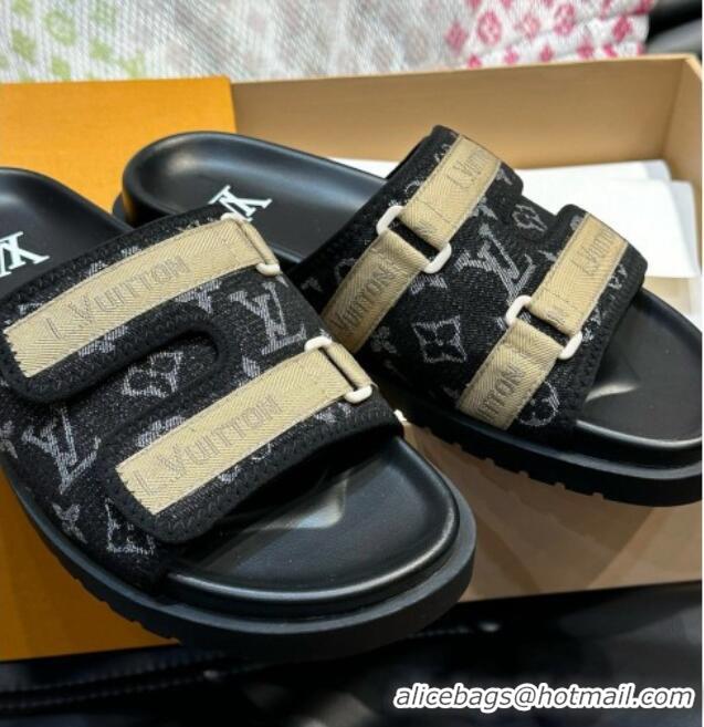 Good Looking Louis Vuitton Men's Monogram Denim Slides Sandal with Strap Black 724082