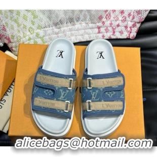 Most Popular Louis Vuitton Men's Monogram Denim Slides Sandal with Strap Blue 724083