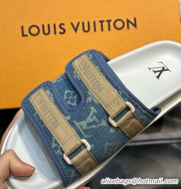 Most Popular Louis Vuitton Men's Monogram Denim Slides Sandal with Strap Blue 724083