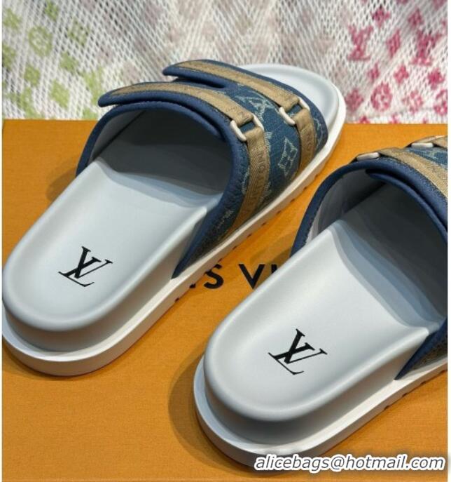 Most Popular Louis Vuitton Men's Monogram Denim Slides Sandal with Strap Blue 724083