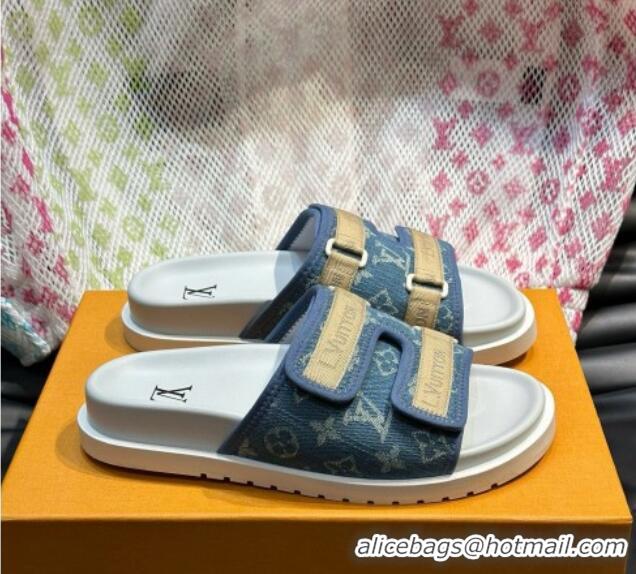 Most Popular Louis Vuitton Men's Monogram Denim Slides Sandal with Strap Blue 724083