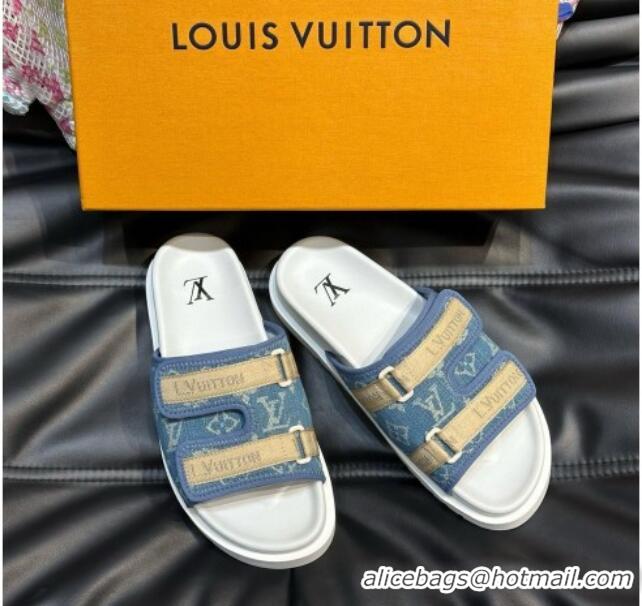 Most Popular Louis Vuitton Men's Monogram Denim Slides Sandal with Strap Blue 724083