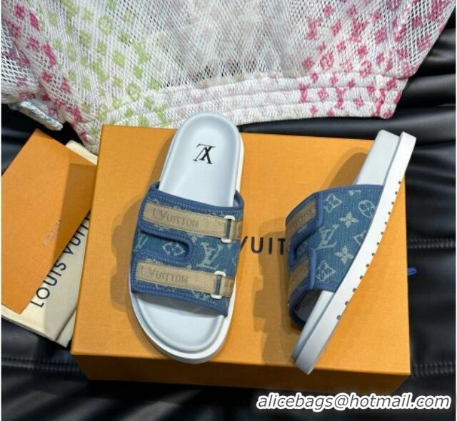 Most Popular Louis Vuitton Men's Monogram Denim Slides Sandal with Strap Blue 724083