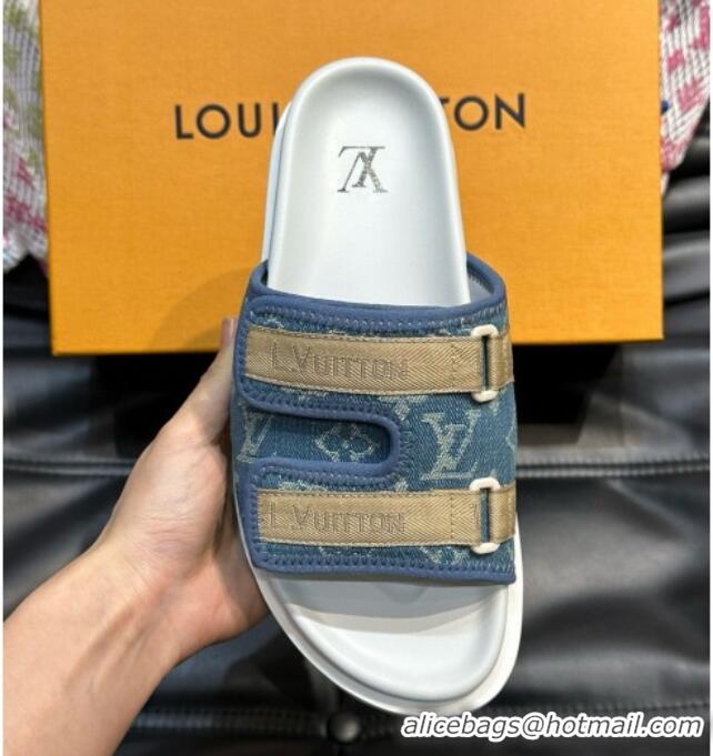 Most Popular Louis Vuitton Men's Monogram Denim Slides Sandal with Strap Blue 724083