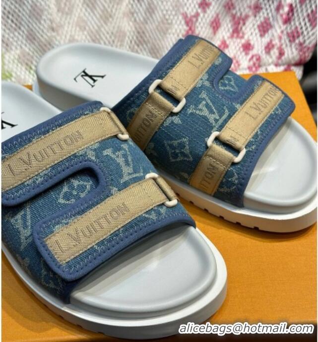 Most Popular Louis Vuitton Men's Monogram Denim Slides Sandal with Strap Blue 724083