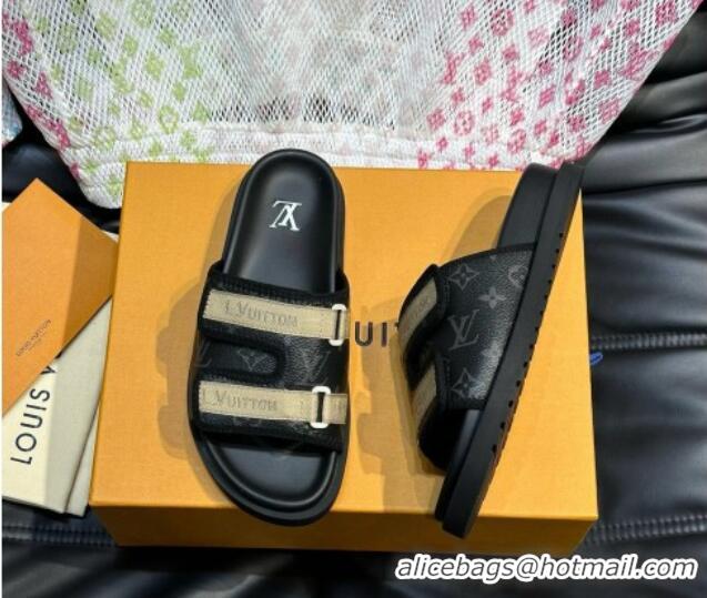 Good Quality Louis Vuitton Men's Monogram Canvas Slides Sandal with Strap Black 724084