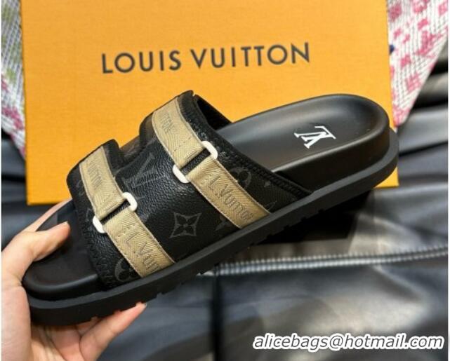 Good Quality Louis Vuitton Men's Monogram Canvas Slides Sandal with Strap Black 724084