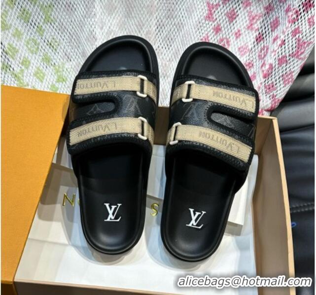 Good Quality Louis Vuitton Men's Monogram Canvas Slides Sandal with Strap Black 724084