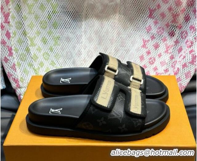 Good Quality Louis Vuitton Men's Monogram Canvas Slides Sandal with Strap Black 724084