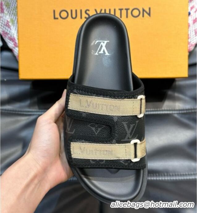 Good Quality Louis Vuitton Men's Monogram Canvas Slides Sandal with Strap Black 724084