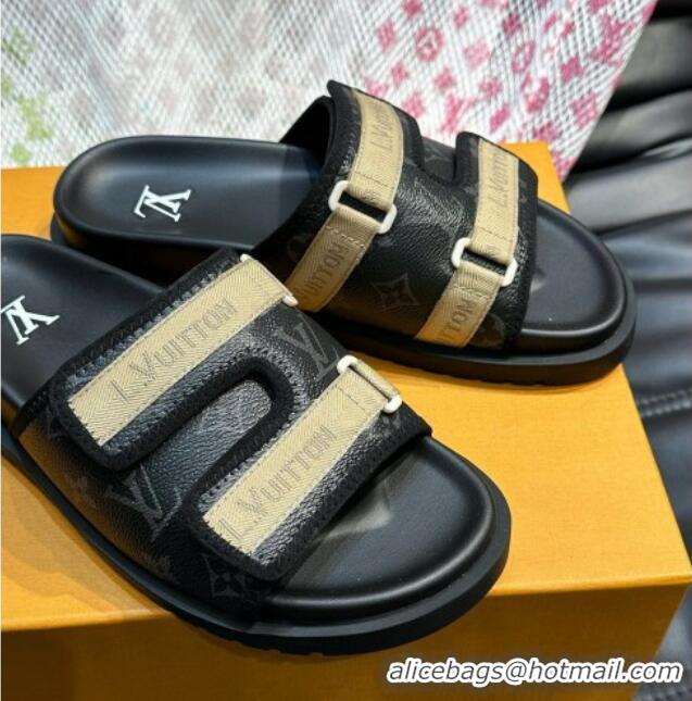 Good Quality Louis Vuitton Men's Monogram Canvas Slides Sandal with Strap Black 724084