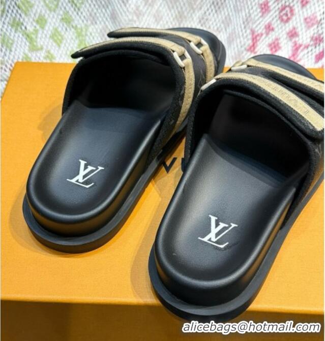 Good Quality Louis Vuitton Men's Monogram Canvas Slides Sandal with Strap Black 724084