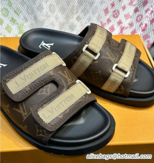 Luxury Cheap Louis Vuitton Men's Monogram Canvas Slides Sandal with Strap Brown 724085