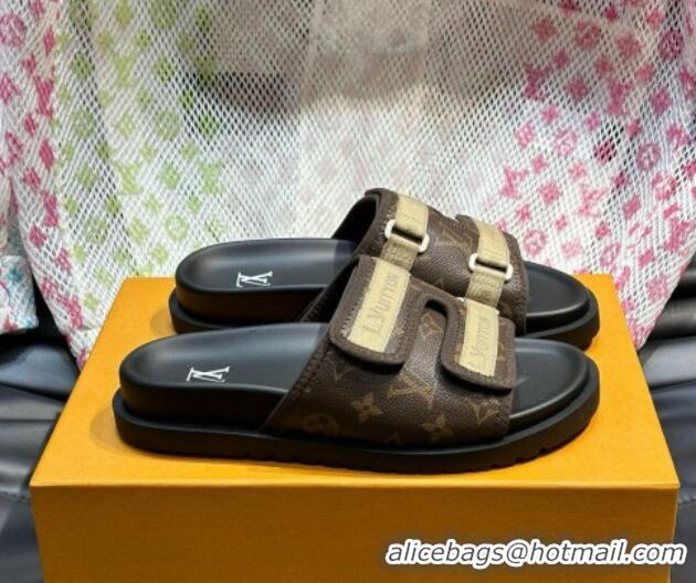 Luxury Cheap Louis Vuitton Men's Monogram Canvas Slides Sandal with Strap Brown 724085