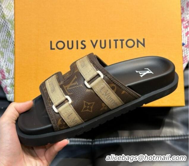 Luxury Cheap Louis Vuitton Men's Monogram Canvas Slides Sandal with Strap Brown 724085