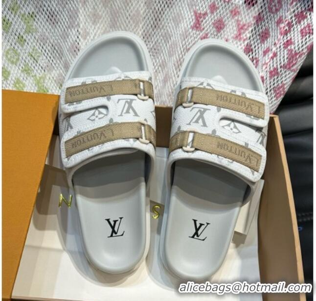 Luxury Louis Vuitton Men's Monogram Canvas Slides Sandal with Strap White 724086