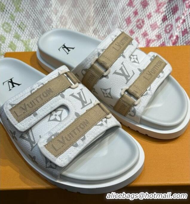 Luxury Louis Vuitton Men's Monogram Canvas Slides Sandal with Strap White 724086