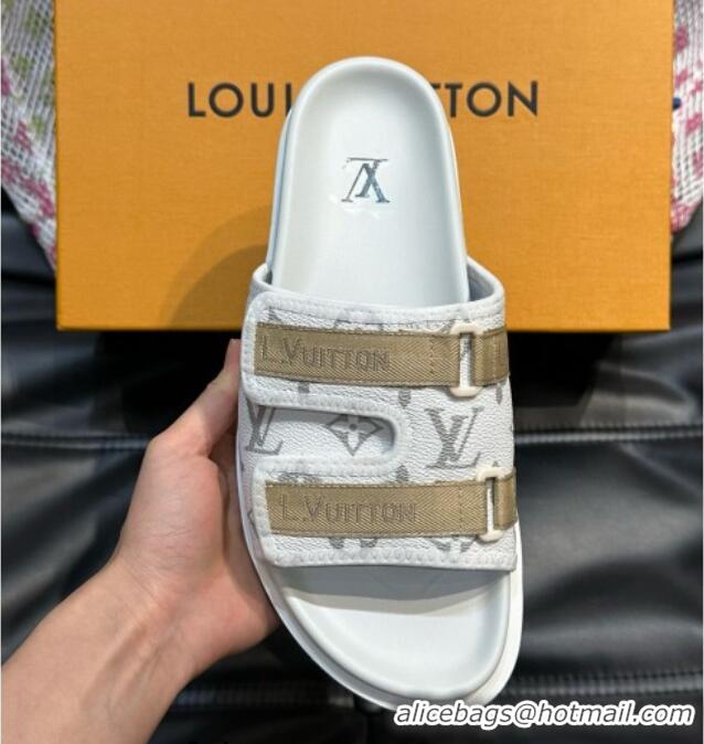 Luxury Louis Vuitton Men's Monogram Canvas Slides Sandal with Strap White 724086