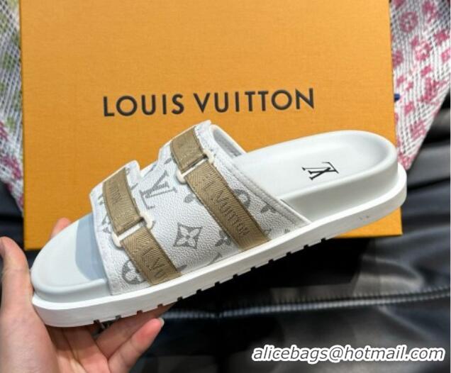 Luxury Louis Vuitton Men's Monogram Canvas Slides Sandal with Strap White 724086