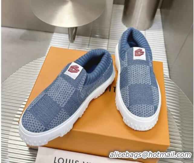 Sophisticated Louis Vuitton Men's LV Space Lander Slip On Sneakers in Damier Denim Light Blue 724101