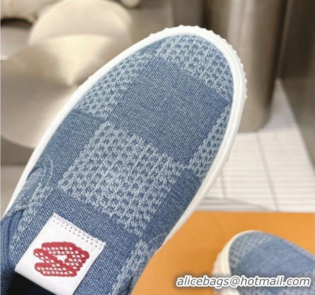 Sophisticated Louis Vuitton Men's LV Space Lander Slip On Sneakers in Damier Denim Light Blue 724101