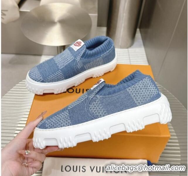 Sophisticated Louis Vuitton Men's LV Space Lander Slip On Sneakers in Damier Denim Light Blue 724101